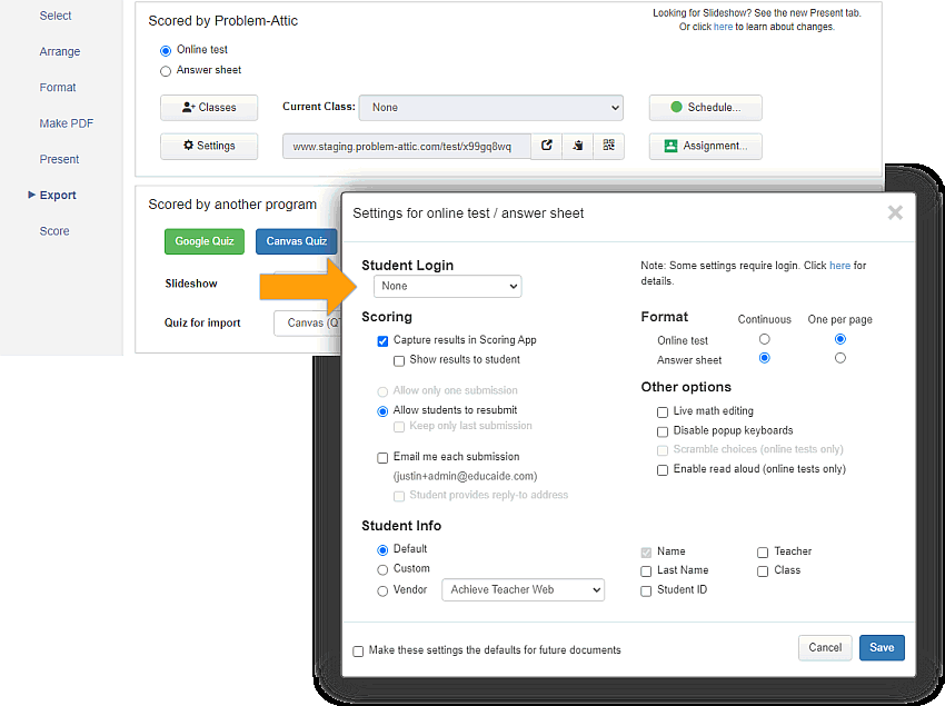 export setting dialog